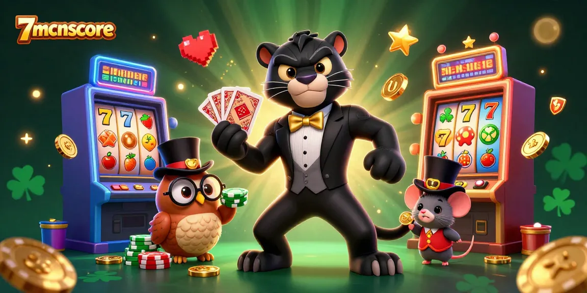 Experience thrilling slots action with 7mcnscore in vibrant 3D illustration featuring casino characters.