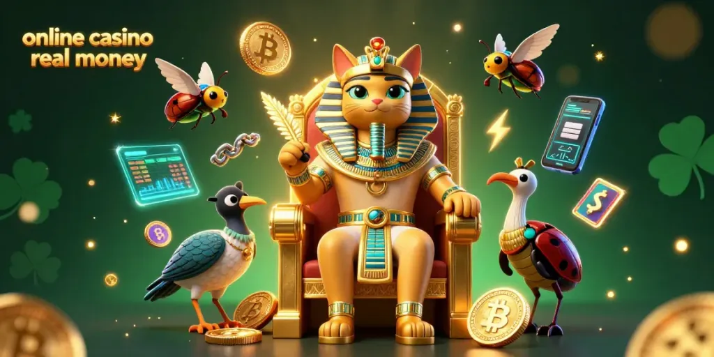 Engage with the vibrant online casino real money scene featuring an Egyptian pharaoh cat and crypto elements, boosting your excitement!