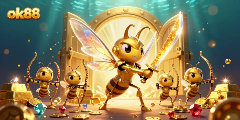 Experience the excitement of ok88 with a vibrant casino scene featuring golden hornets in samurai armor.