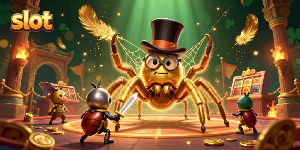 Menangkan jackpot slot di kasino dengan tarantula emas dan kesatria kecil yang berani.
