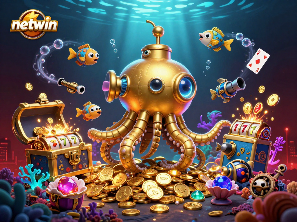 Engage with netwin's vibrant online gaming scene featuring a golden kraken submarine amid golden coins and exciting slot games.