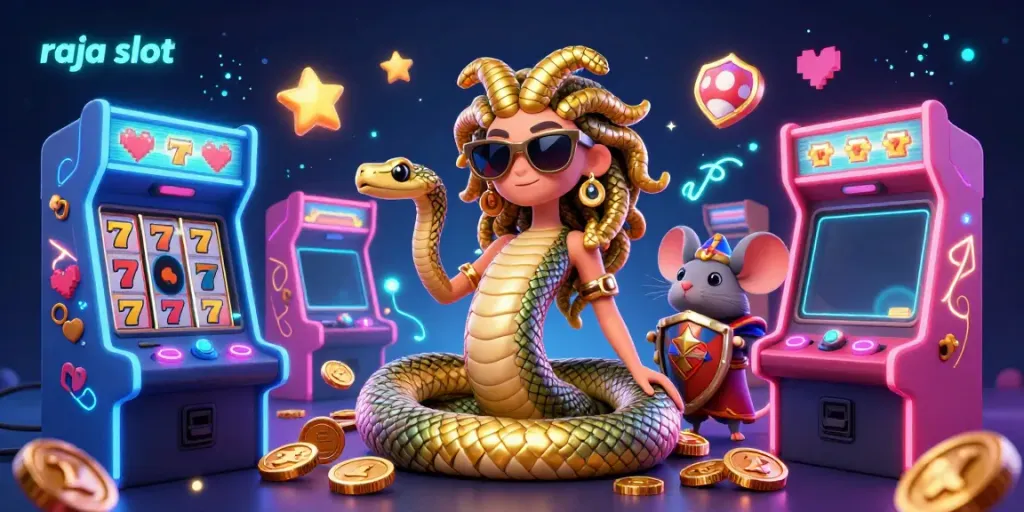 Merayakan slot jackpot dengan "raja slot" di ilustrasi 3D yang ceria dengan Medusa dan karakter lainnya.