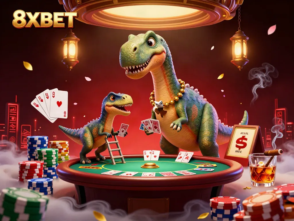 Engage in thrilling poker action with 8XBET as a giant brontosaurus towers over the table, adding excitement to the game.