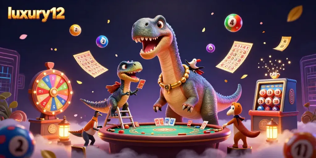 Experience thrilling gameplay at luxury12 as a giant brontosaurus and clever raptor engage in a lively casino scene.