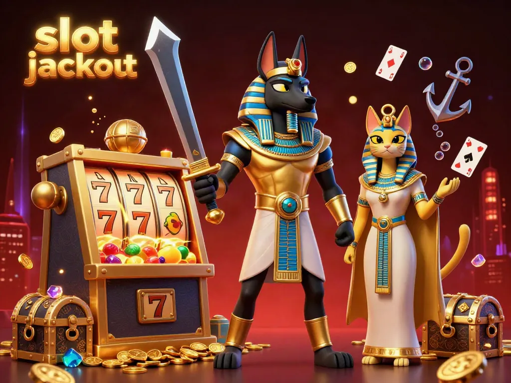 Experience the thrill of slot jackpots with Anubis in an immersive 3D casino illustration.