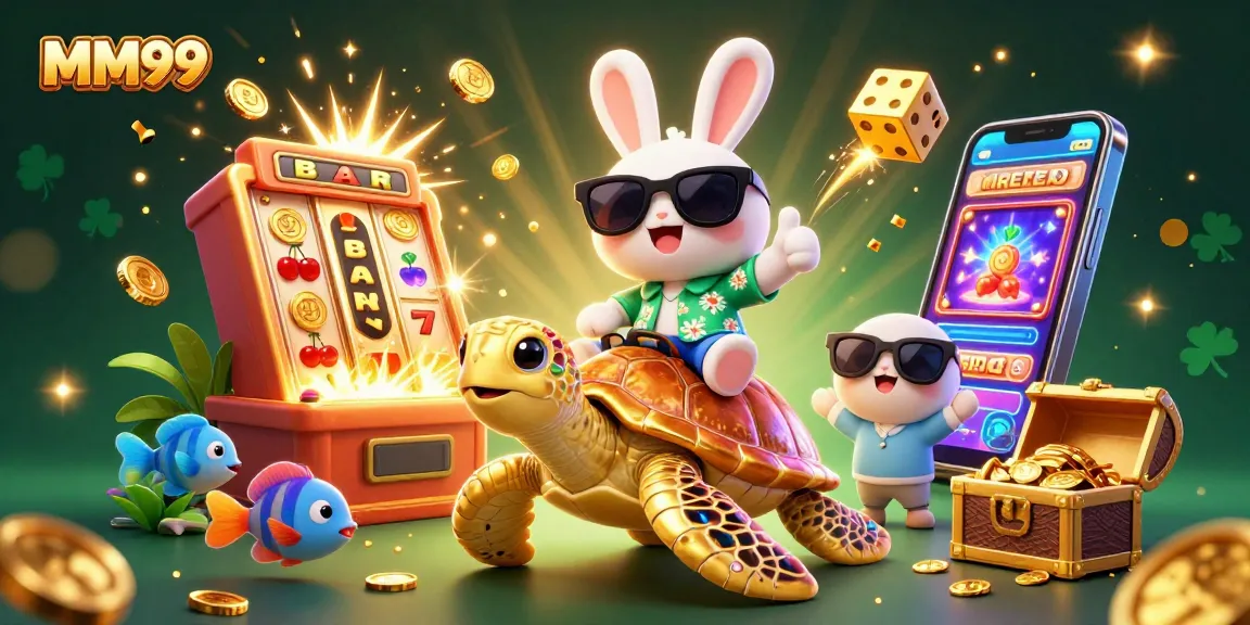 Win big at MM99 with a lucky rabbit and vibrant casino elements surrounding them.