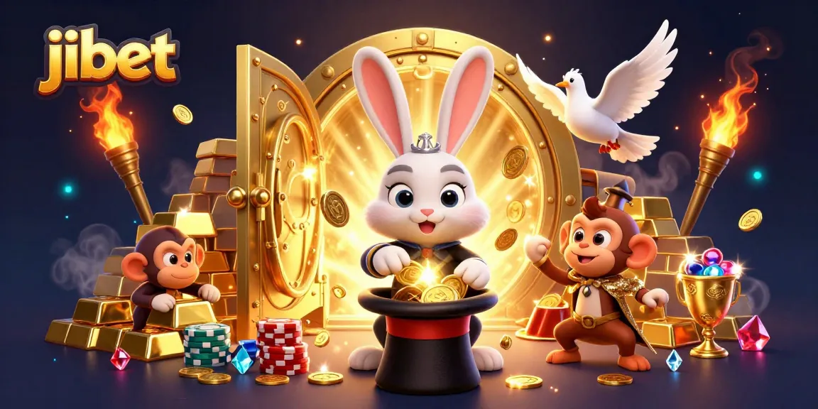 Experience winning fun at jibet with a 3D magic scene filled with coins, poker chips, and glowing treasures.
