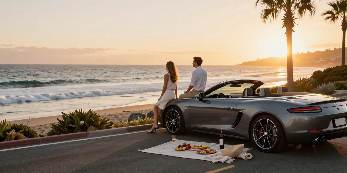 Momen romantis dengan LUXURY 777 di tepi pantai dengan mobil mewah dan makanan gourmet.