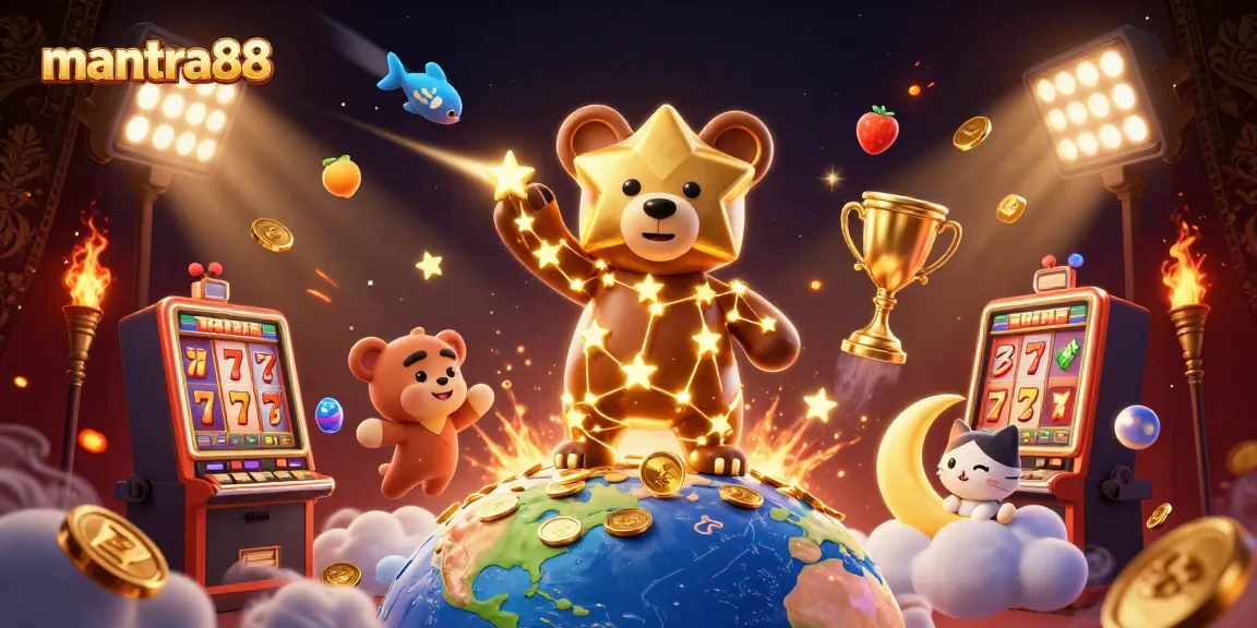 Win big at mantra88 with a vibrant 3D casino scene filled with slot machines and golden stars
