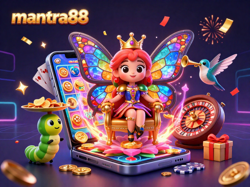 Experience the vibrant allure of mantra88, featuring a butterfly queen amidst a lively casino scene with swirling energy and excitement.