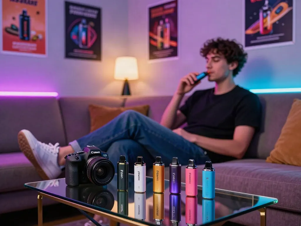 Sleek environment showcasing Flum disposable vape devices in a modern lounge.