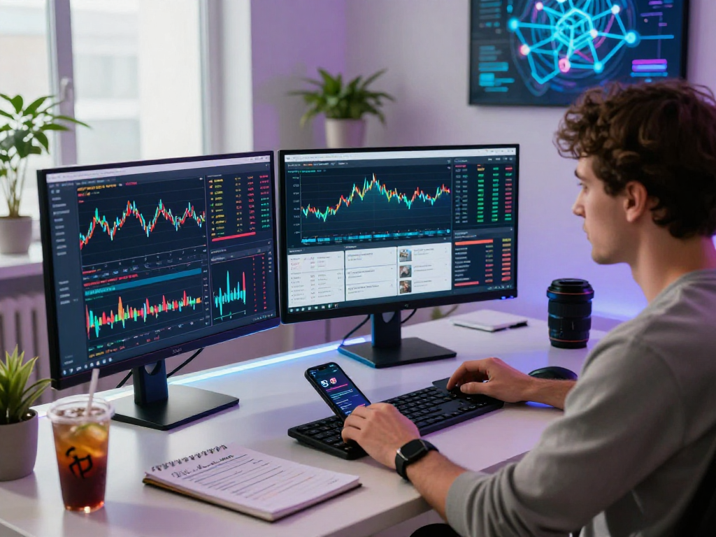 Trader analyzing kyber-swap market trends on multiple screens in a modern digital workspace.