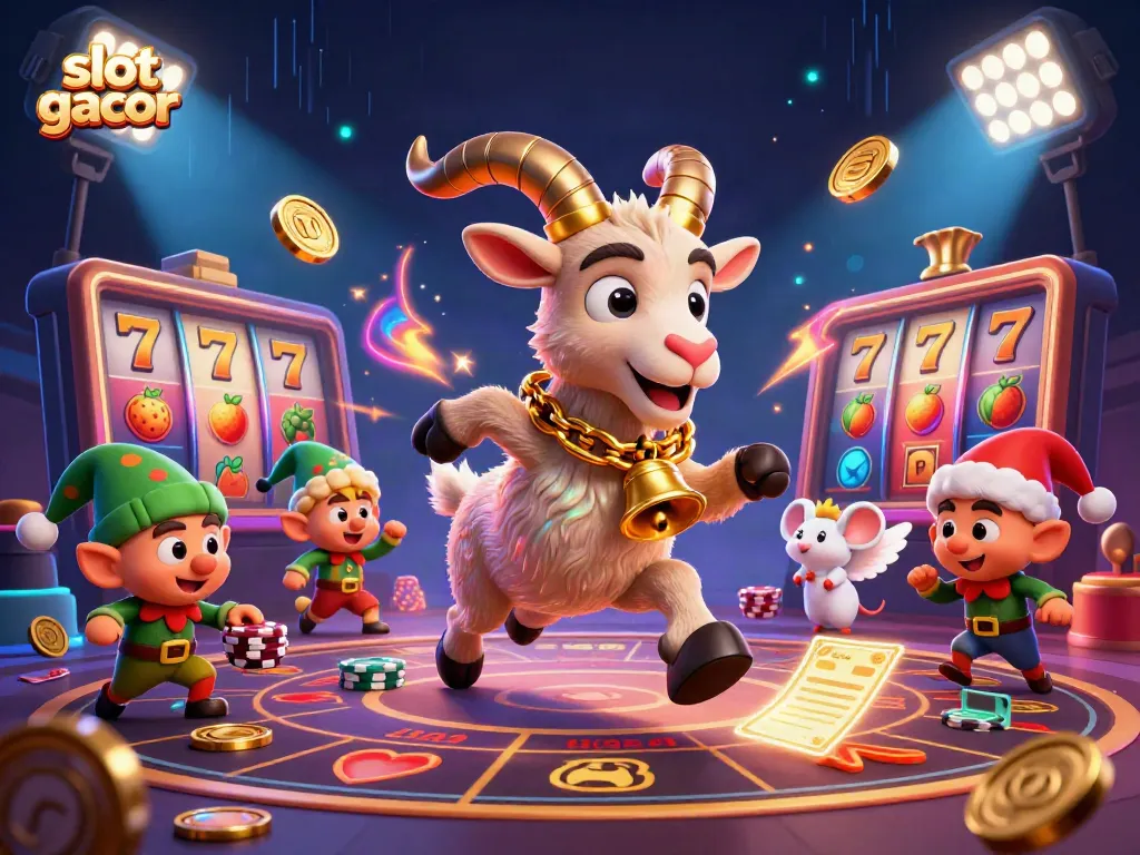 Experience the excitement of slot gacor with a festive casino scene featuring a Krampus goat, angel mouse, and elf gremlins.