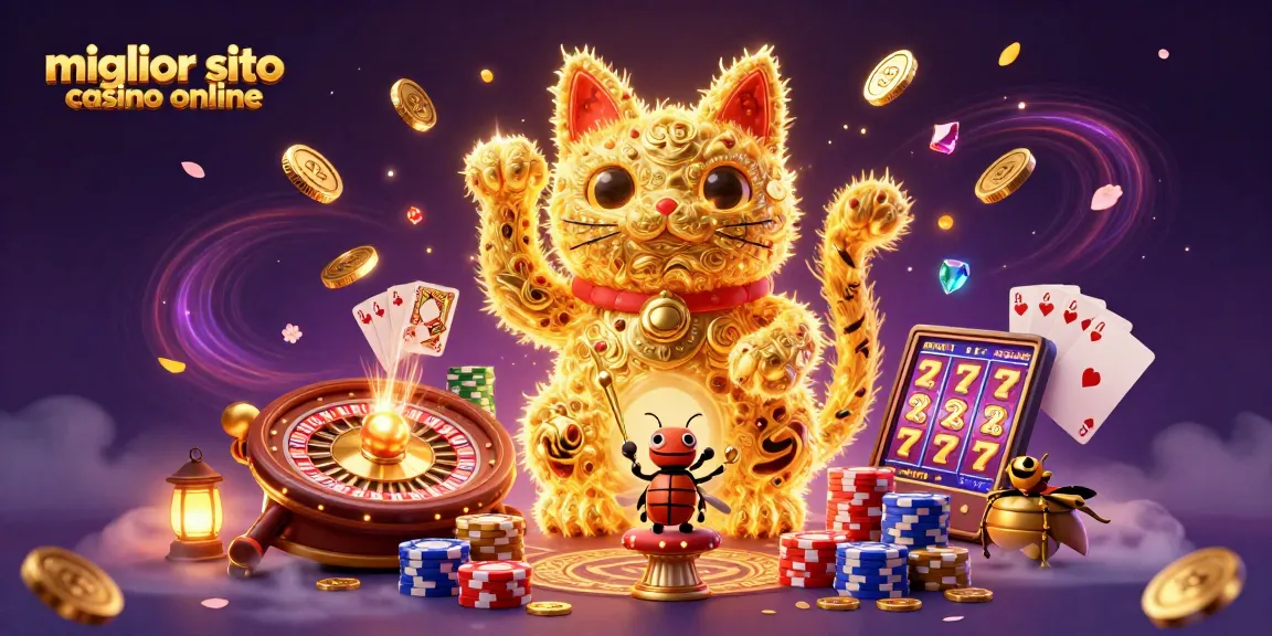 Lotta per il miglior sito casino online con una scena vivace di simboli di casinò e un gatto fortunato