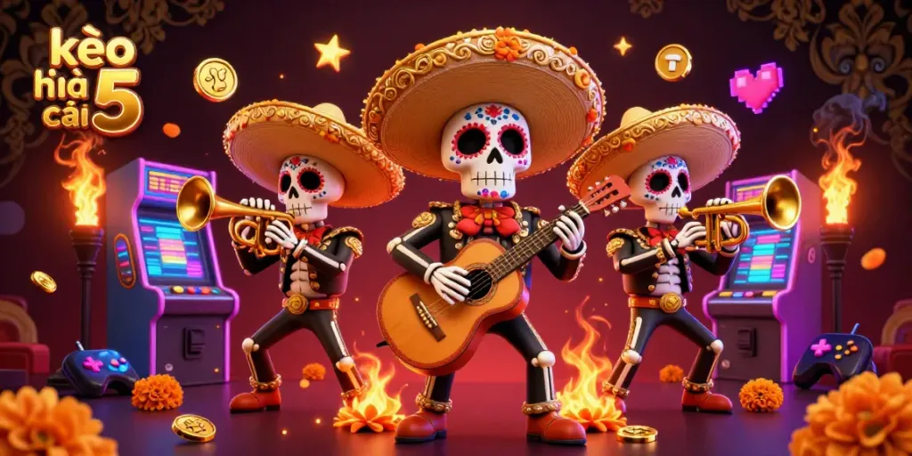 Engage with thrilling action at kèo nhà cái 5 featuring a vibrant mariachi scene amidst arcade elements.