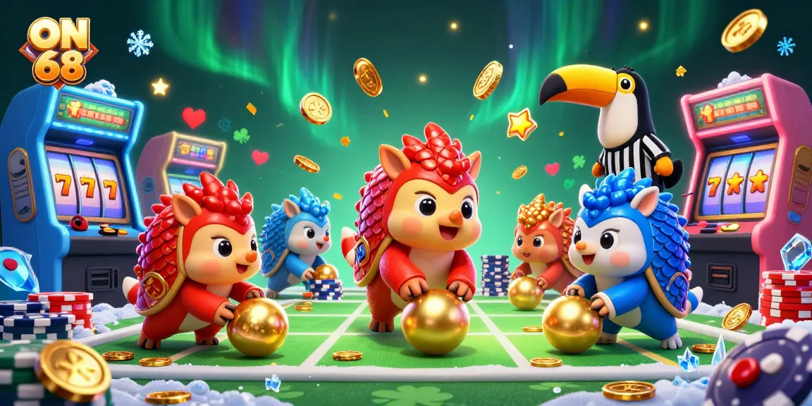 Experience thrilling ON 68 gaming as rival pangolins battle it out amid poker chips and slot reels.
