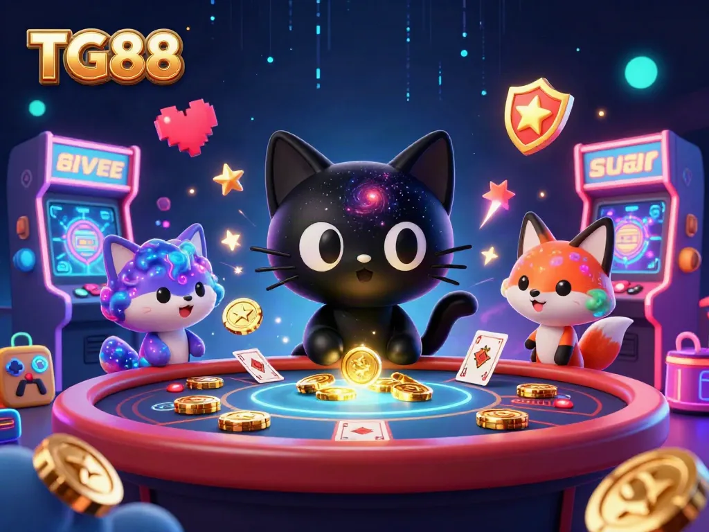 Experience the excitement of TG88 with colorful casino elements and dynamic characters in a vibrant scene.