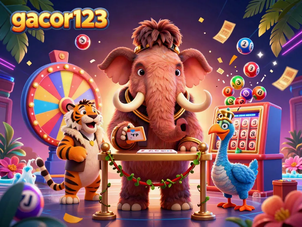 Engage with gacor123 in this vibrant 3D illustration featuring a mammoth bouncer, tiger VIP, and dodo doorman.