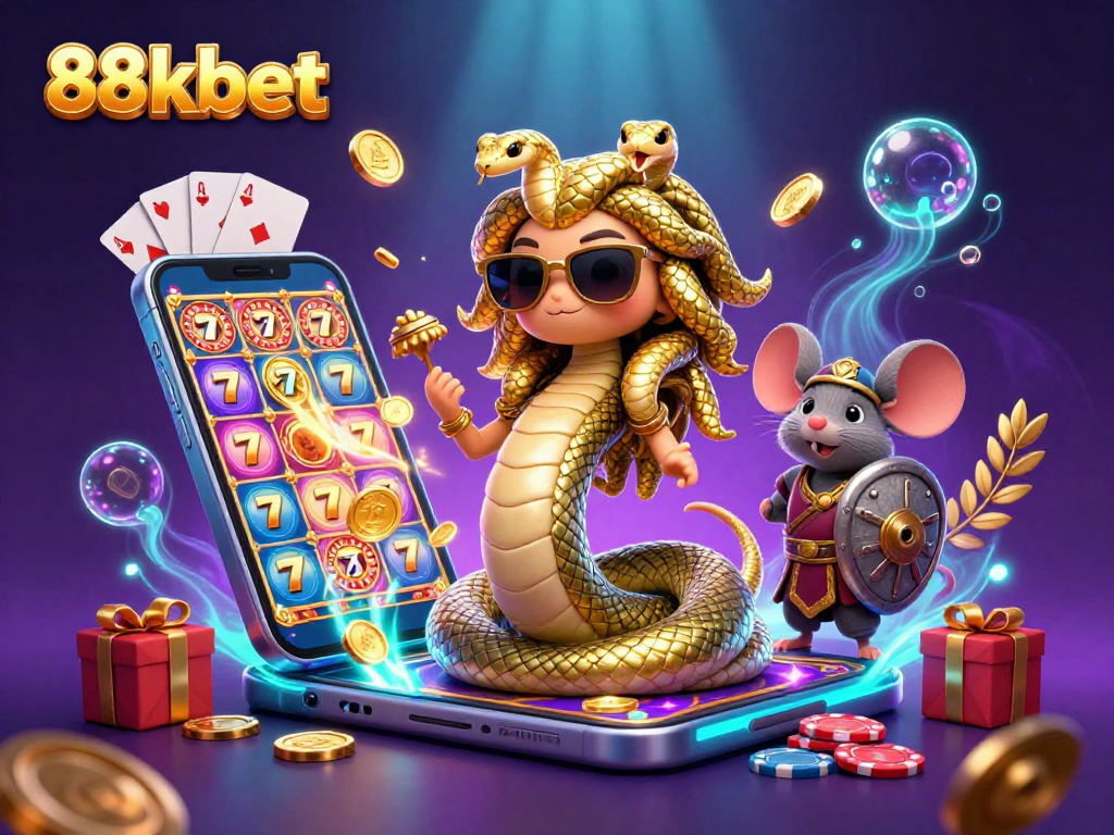 Join 88kbet's exciting gameplay with Medusa and a warrior mouse amidst vibrant casino elements!