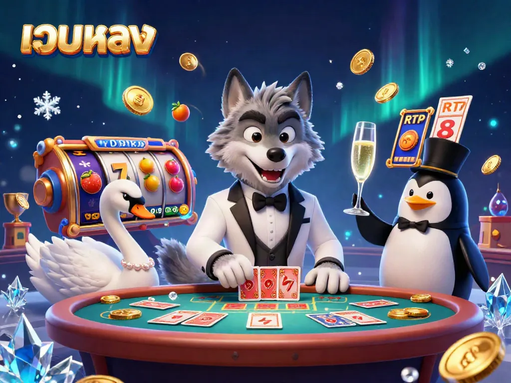 Experience the excitement of เว็บตรง with a dynamic casino scene featuring a stylish wolf and friends at a baccarat table.