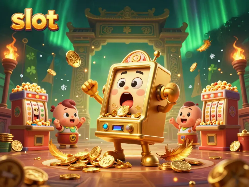 Mesin slot emas merayakan jackpot dengan serangan koin, dikelilingi mesin slot bayi dan popcorn emas.