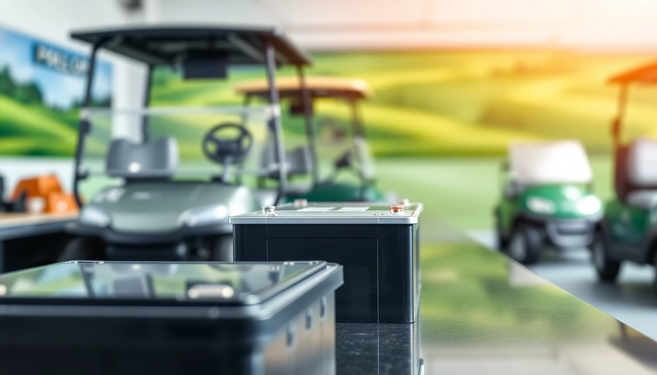 Showcasing lithium golf cart batteries with sleek designs and vibrant colors on a workbench.