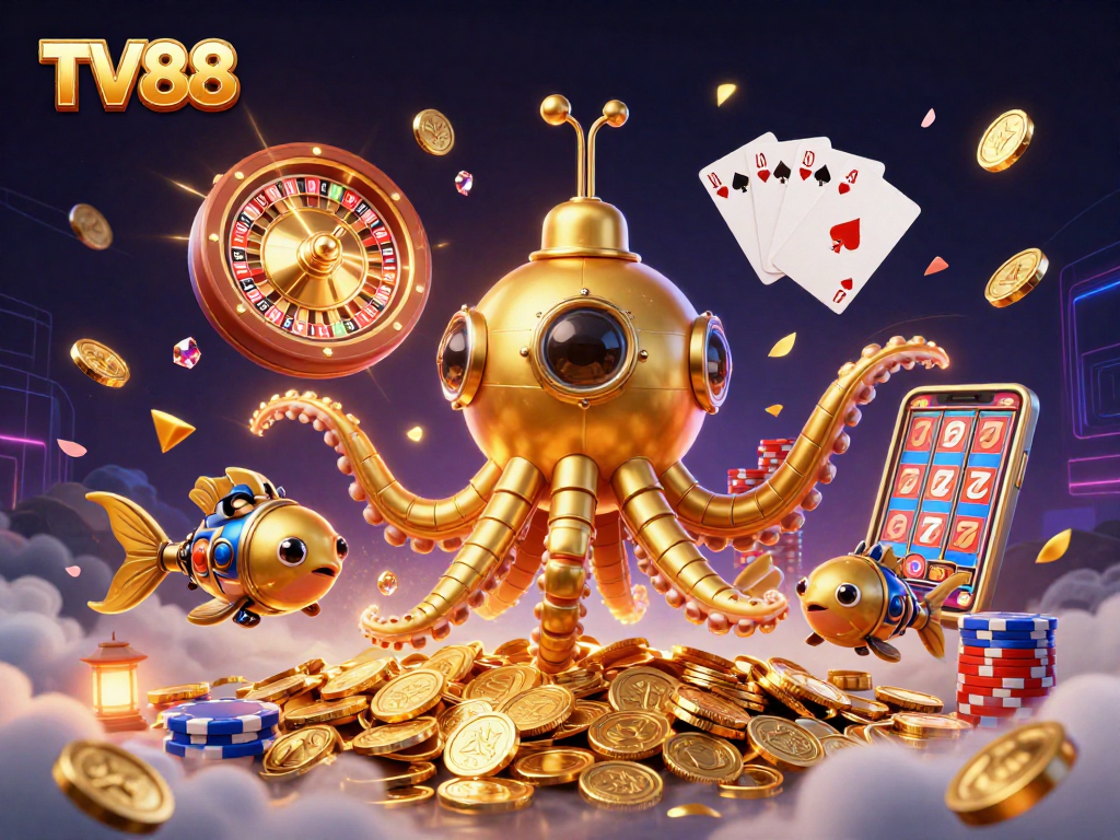 Experience the excitement at TV88 with a golden kraken submarine and spinning roulette wheel amidst dazzling casino elements.