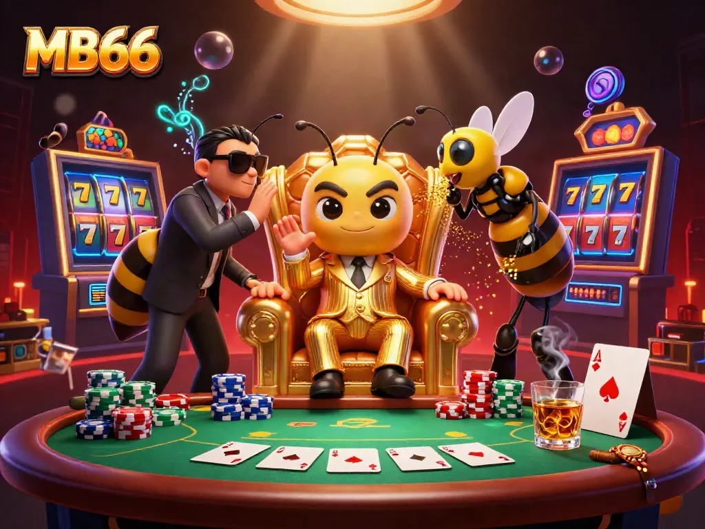 Engage with the vibrant MB66 casino scene featuring a bumblebee mob boss orchestrating games of chance.