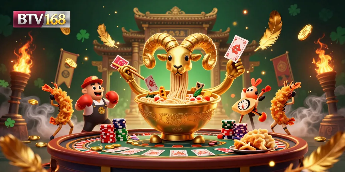 BTV168 casino scene with a giant golden ramen bowl dealer, roulette, and vibrant illustrations.