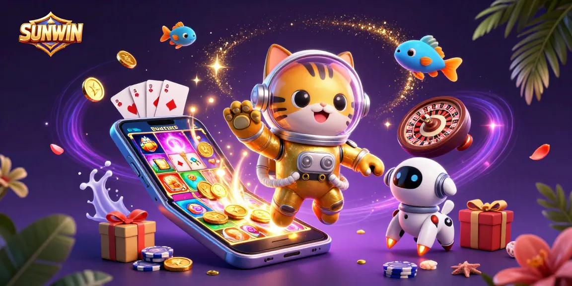 SUNWIN showcases a dynamic 3D casino scene with an astronaut cat, a robot dog, and alien fish amidst slot games and treasures.