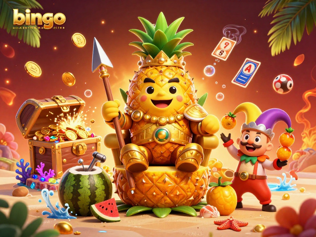 bingo-game-online brings excitement with a golden pineapple king in a vibrant bingo scene featuring colorful gems and bingo cards.