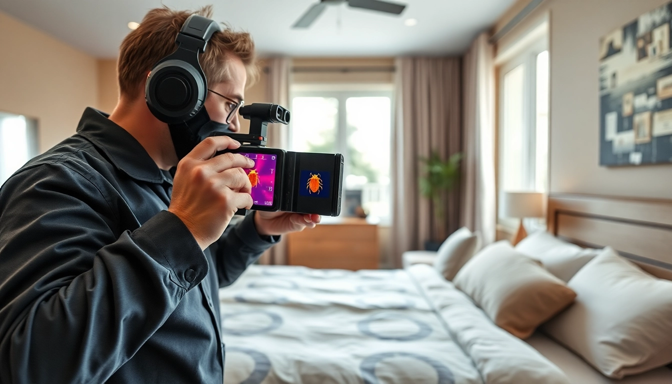Exterminator inspecting a room for bed bug heat treatment using thermal imaging.