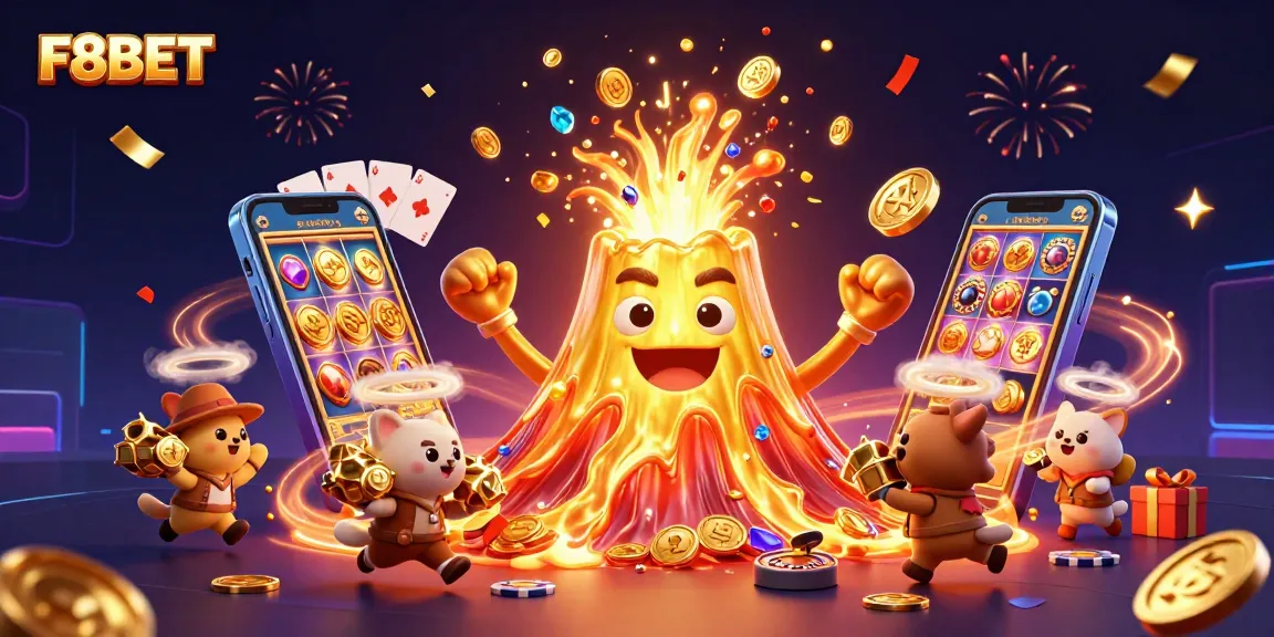 Experience thrilling wins with F8BET in this vibrant 3D casino illustration featuring lively characters and iconic game elements.