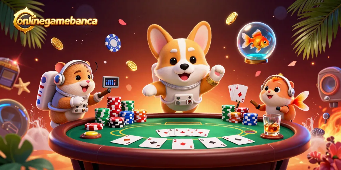 Experience onlinegamebanca with a cartoon astronaut corgi gambling in a vibrant space casino scene.