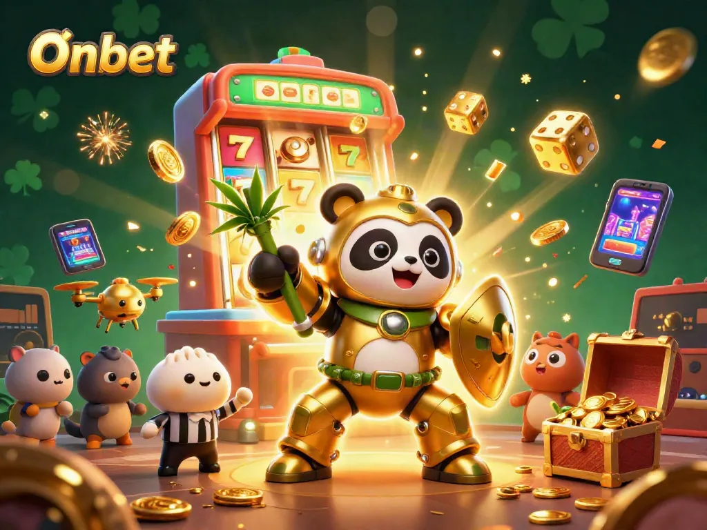 Experience thrilling gameplay with Onbet featuring a golden panda robot in an exciting casino realm.