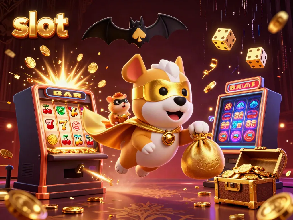 Slot jackpot membanjiri koin dan simbol keberuntungan dalam ilustrasi 3D yang dinamis.