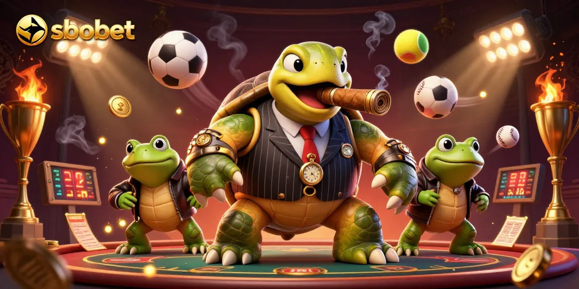SboBet transforms sports betting excitement in a vibrant casino scene featuring a snapping turtle and frog enforcers.