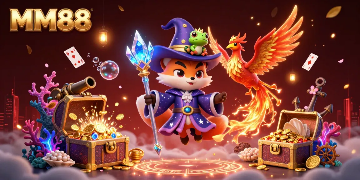 Experience MM88 action with a vibrant scene showcasing casino elements and magical characters.