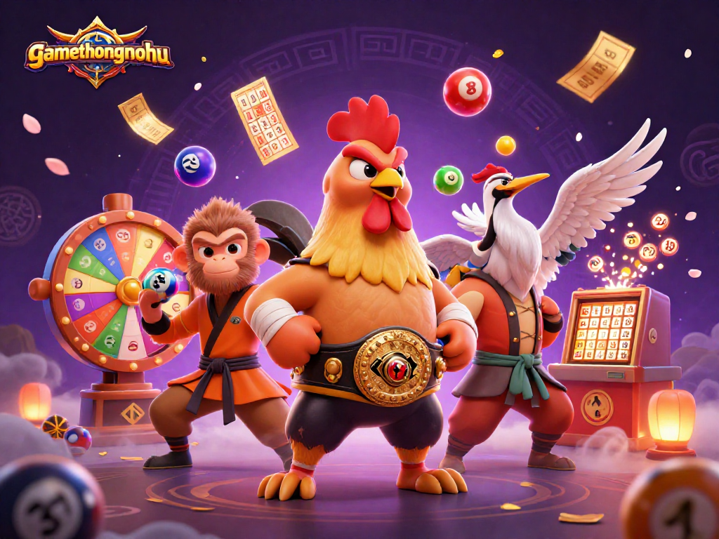 Experience excitement with gamethuongnohu's vibrant lottery scene featuring colorful bouncing balls and dynamic 3D characters.