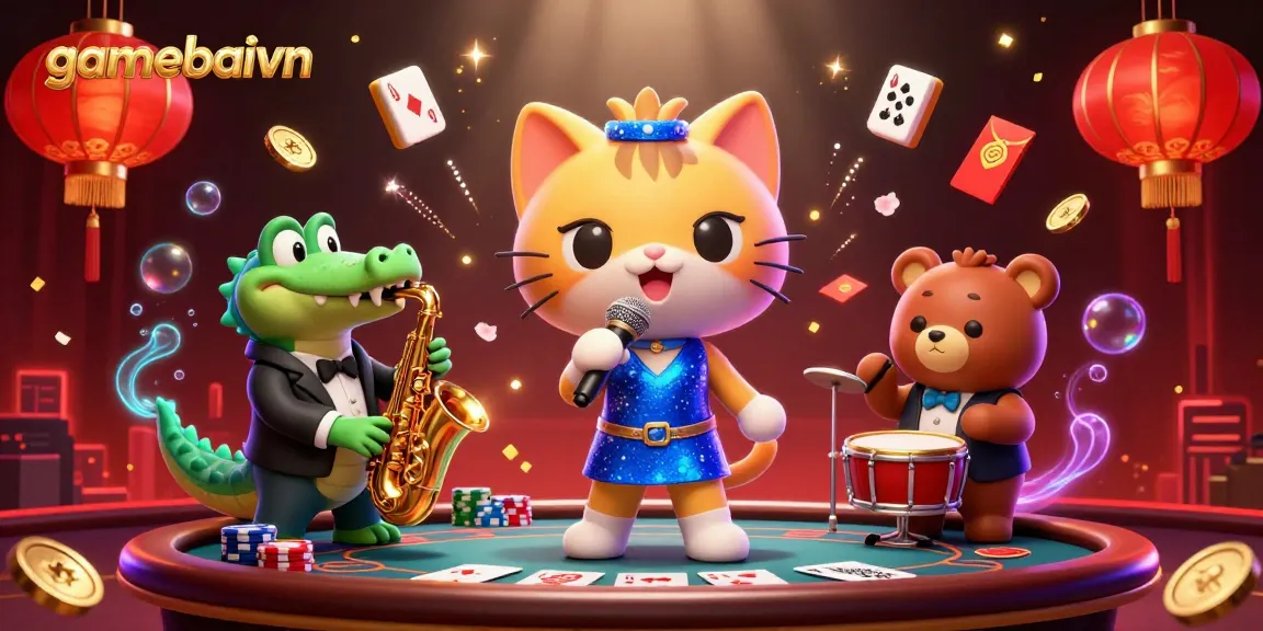 Engage with gamebaivn at a vibrant poker night featuring animated casino characters and festive elements.