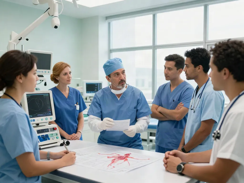 Heart transplant in Abu Dhabi: A diverse medical team collaborating in a modern hospital setting.