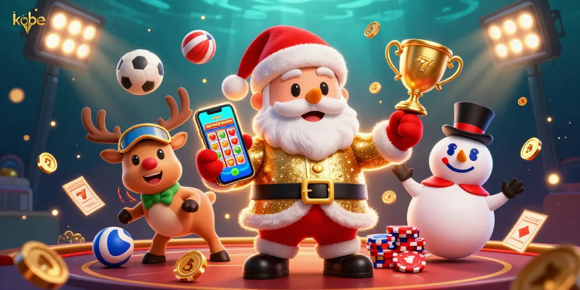 Kobe-themed gaming illustration featuring a festive Santa with slot reels, sports balls, and casino elements.