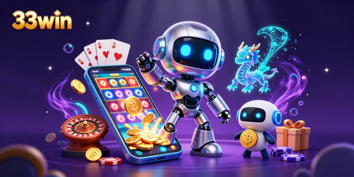 Engage in exciting slot games with 33win's vibrant 3D cyberpunk casino scene.