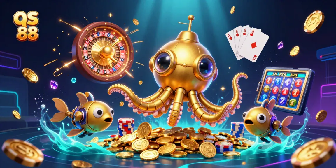 Experience the thrill of qs 88 with a golden kraken submarine amidst coins and vibrant casino elements.