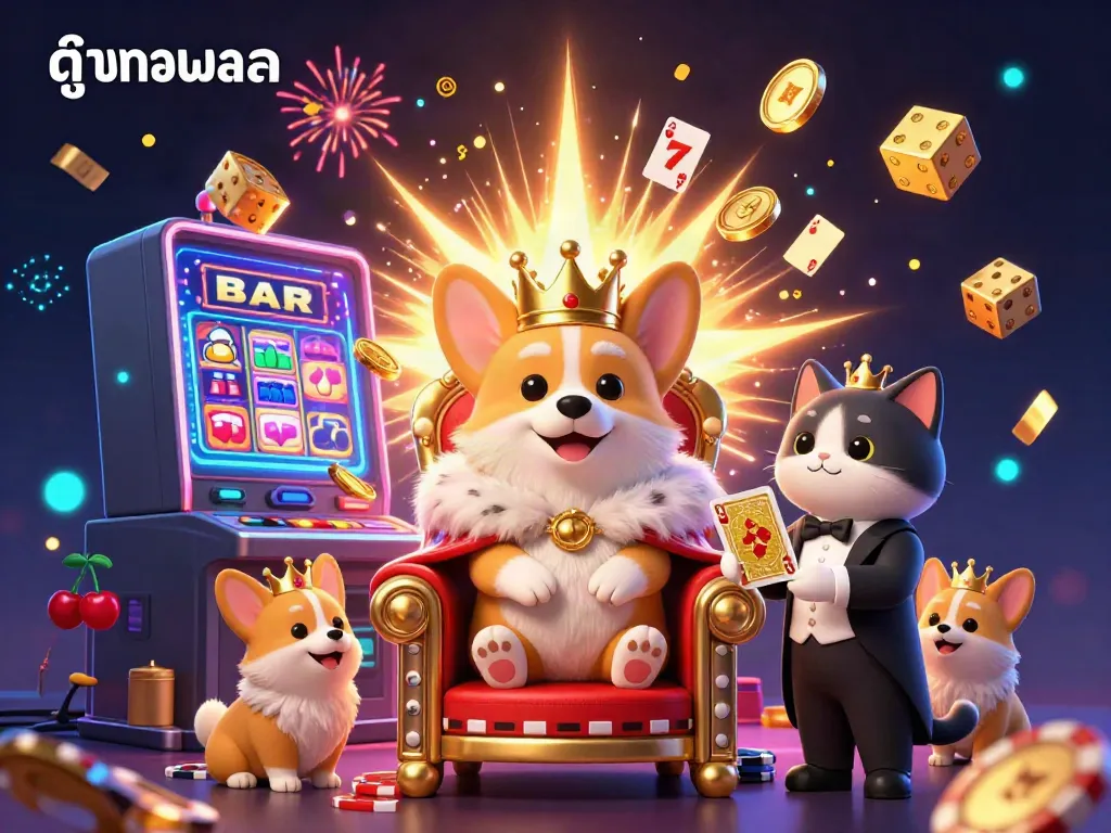 Watch live sports streaming with the vibrant "ดูบอลสด" scene featuring adorable cartoon characters, casino elements, and a dynamic atmosphere.