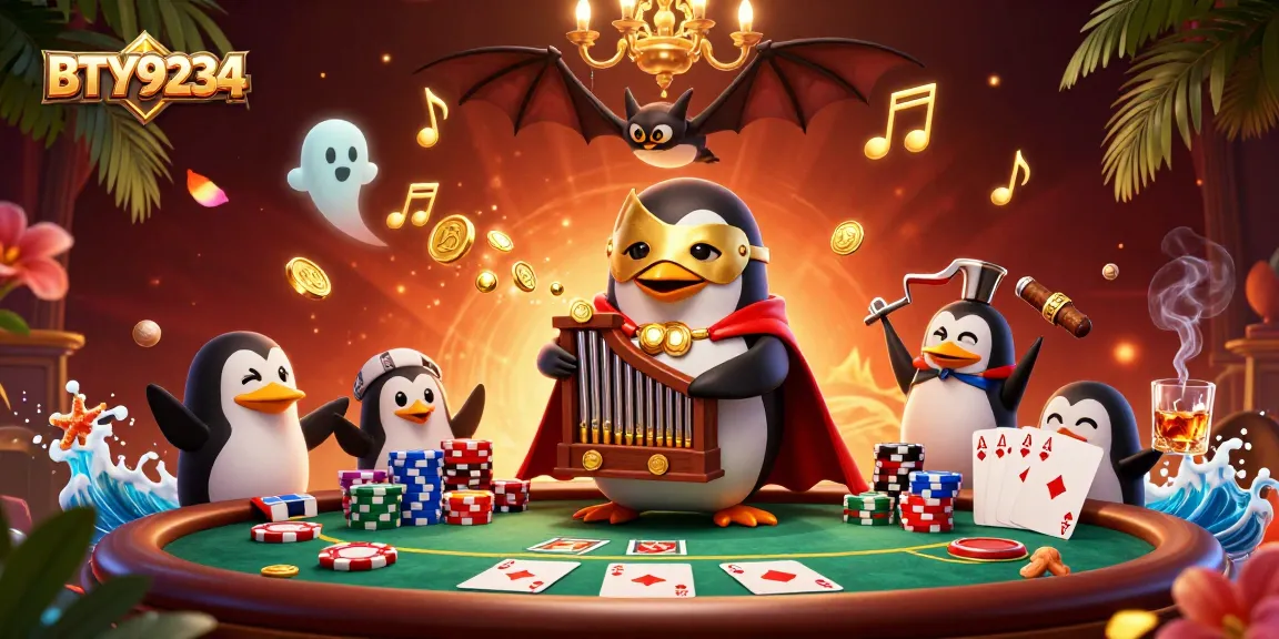 Engage in BTY9234 casino fun with a penguin playing organ, golden coins flying!