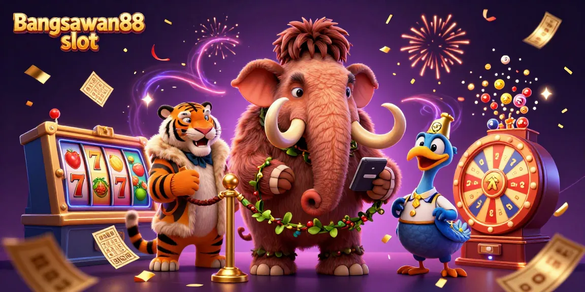 Experience excitement at bangsawan88 slot with a vibrant casino scene featuring lively characters and games.
