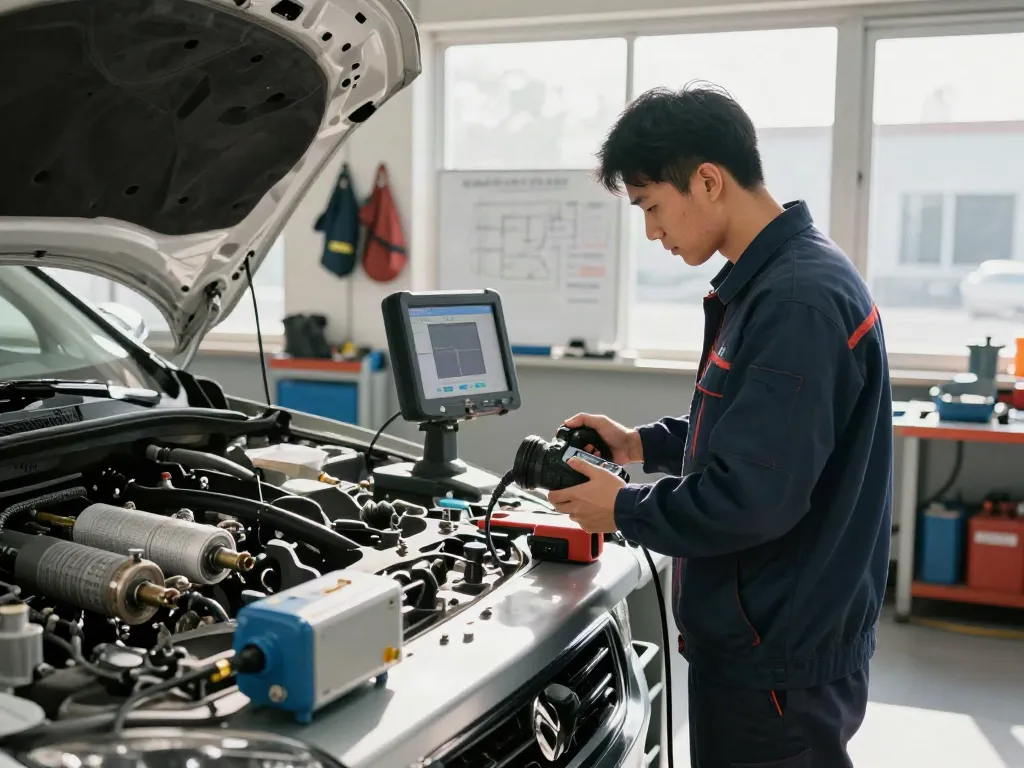 Techniker führt eine DPF-Regeneration in einer modernen Werkstatt durch.