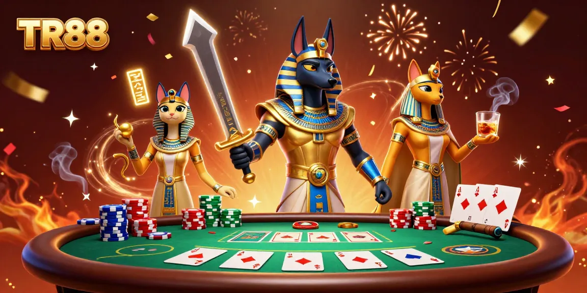 Engage with TR88's thrilling poker scene featuring Anubis and Bastet amidst vibrant gambling elements.
