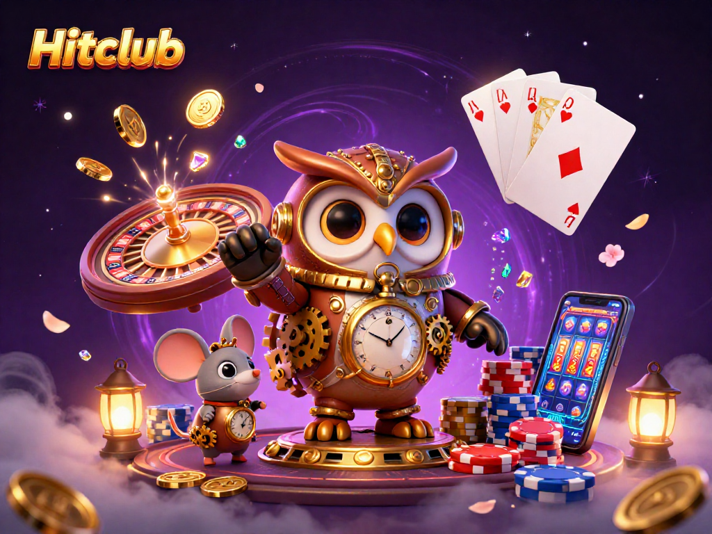 Hitclub brings excitement with a steampunk owl and mouse among vibrant casino elements.